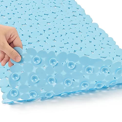 SONGZIMING Bathtub Mat Non Slip Pebble Bath Shower Mat with Drain Holes Suction Cups Mat for Tub 16 W x 35 L Blue