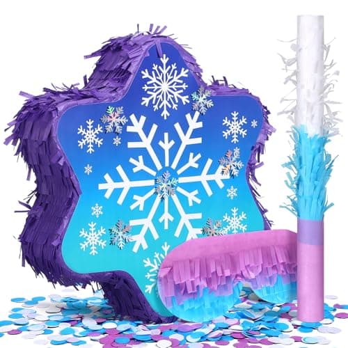 Hiboom Snowflake Pinata Winter Pinata with Blindfold Stick and Confetti Blue and Purple Snowflake Decor for Wonderland Themed Princess Birthday Party Decoration Supplies 12 x 12