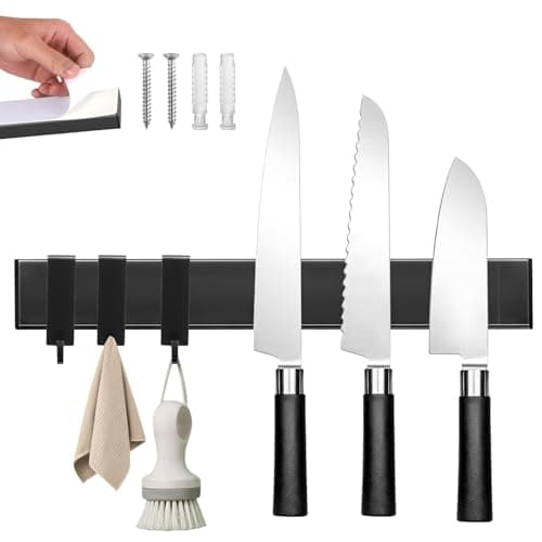 Magnetic Knife Holder for Wall with 3 Hooks, No Drilling Magnetic Knife Strip Adhesive Knife Holder Magnet Knife Bar, Wall Mount Knife Rack Block Metal Tool Holder for RV Kitchen Organization, 10 Inch