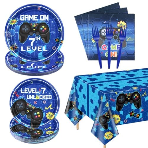 PIXHOTUL 81 Pcs Video Game Party Supplies 7th Birthday Video Game Party Decor Dinner Plates Napkins Video Game Tablecloth Forks Gaming Party Favors for Boy 7th Birthday Party Serves 20