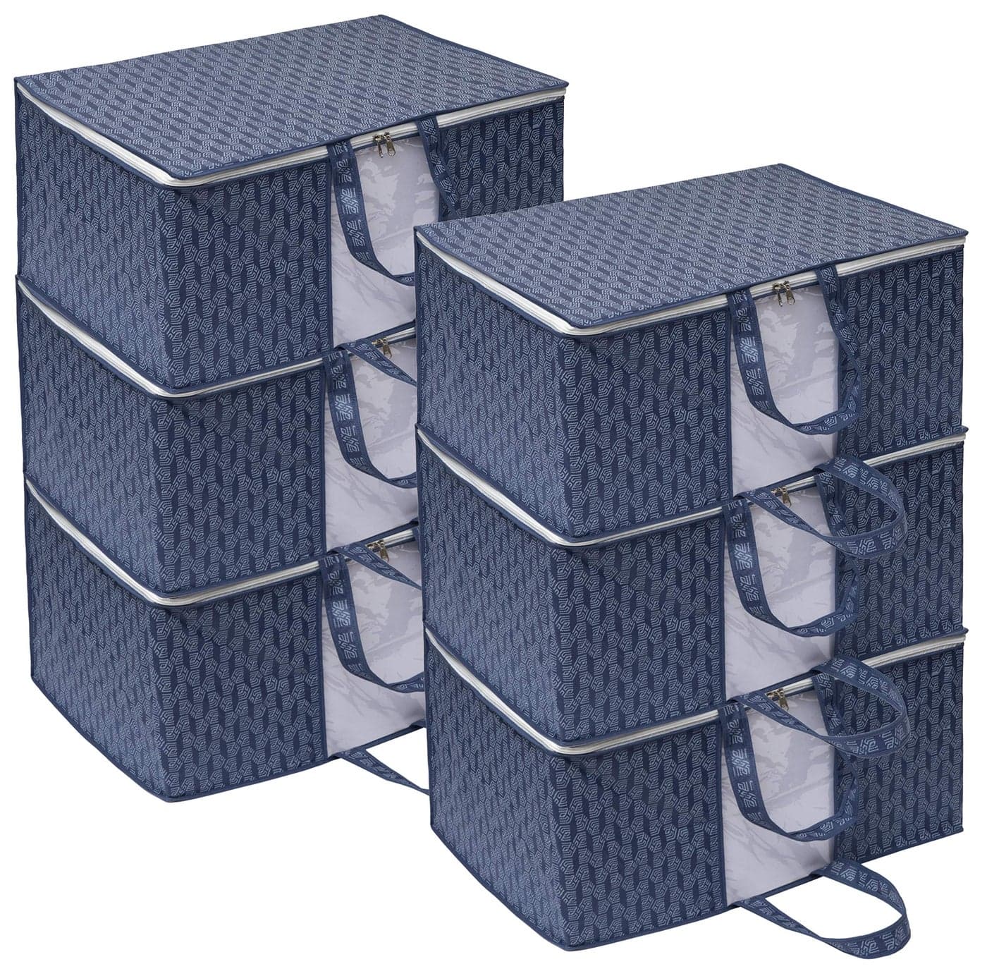 HomeStrap Printed Underbed Storage Bag/Organizer/Blanket Cover with Front Handle (Navy Blue, Pack of 6)