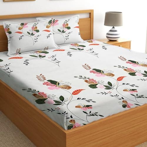 IVAZA Polycotton 280 TC Floral Printed King Size Double Bedsheet with 2 Pillow Covers, (90 x 90 Inches,) Soft Wrinkle Free White Flower