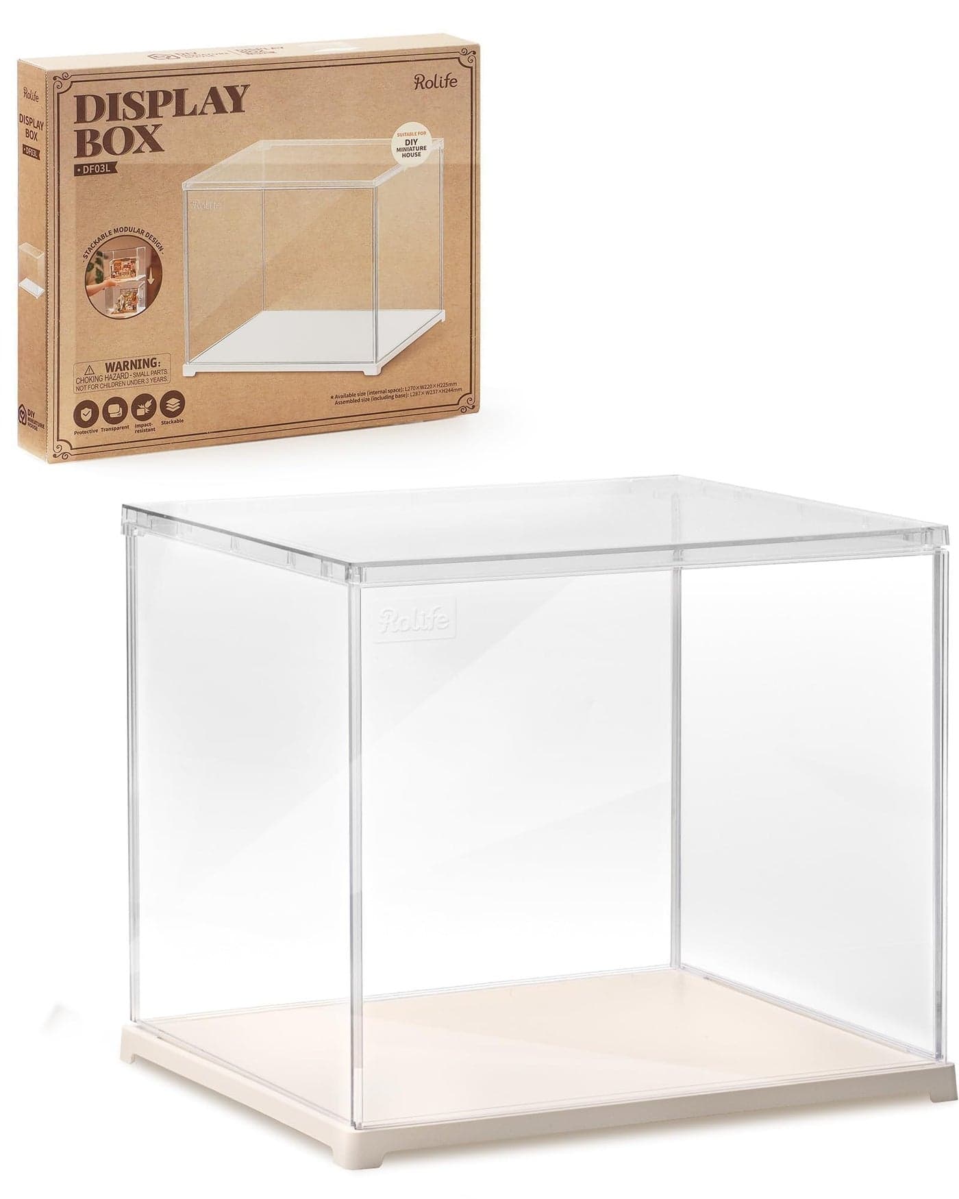 Rolife Clear Acrylic Display Case for Hobby Collectibles, Easy Assemble Dust Cover Showcase Clear Storage Bins, Stackable Storage Plastic Box with Wooden Base