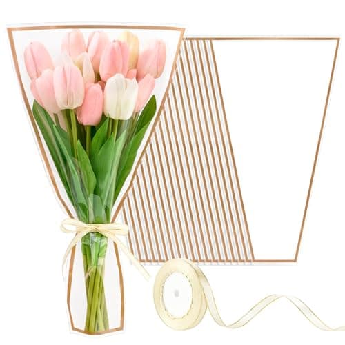 Mauproy 50 Pack White Flower Bags for Bouquets 178 x 112 Inches Plastic Flower Sleeves Clear Front Floral Wraps with Ribbons for Graduation Florist Packaging Supplies