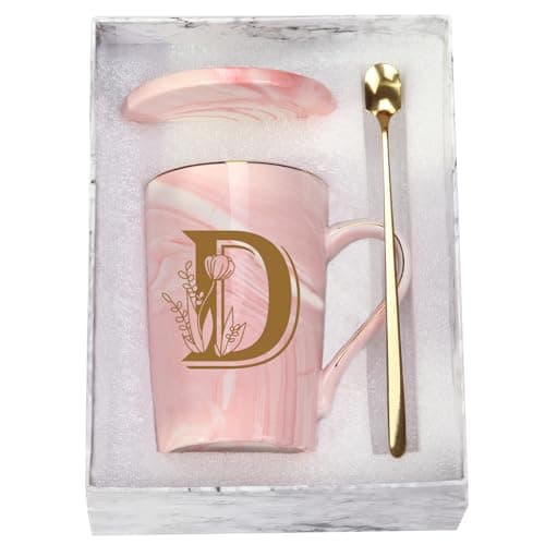 Letter D Personalized Initial Mugs with Flower, Letter D Personalized Novelty Coffee Mug, Novelty Letter Coffee Mugs for Women, Bridal Shower Gifts, Women's Initials Gifts Coffee Mug 14 Ounce Pink