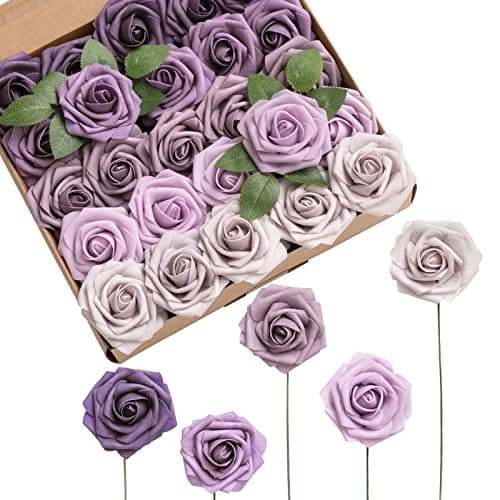 Ling's moment Artificial Flowers, 25Pcs 3" Roses in Purple Shades, Realistic DIY Foam Floral Decor for Wedding Bouquets/Centerpieces, Outdoor Party Backdrops, Room/Table, and Garden/Pot Decorations