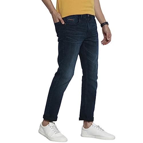 The Indian Garage Co Men Slim Straight Fit Solid Mid-Rise Stretchable Jeans Delft Blue