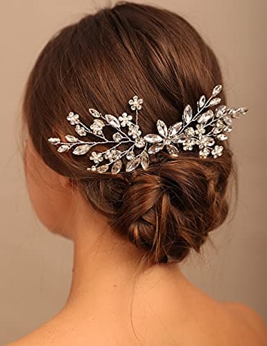 YERTTER Bridal Hair Comb Crystal Bride Wedding Hair Comb Rhinestone Flower Bridal Hair Pieces Pearl Wedding Hair Accessories for Women and Girls (Silver)