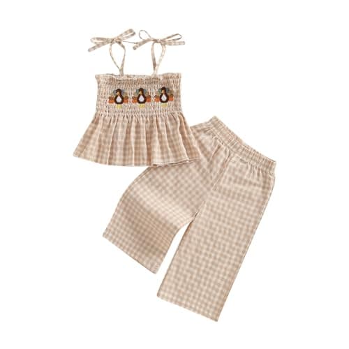 Kayotuas Halloween Toddler Girl Outfits Pumpkin Smocked Spaghetti Strap Tank Top Dress Gingham Plaid Pants Halloween Clothes Turkey Khaki 69 Months