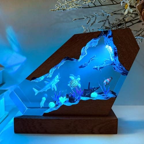 MASDEC Shark Resin Lamp,USB Powered Resin Ocean Night Light with Wooden Base, Variable Lights,Shark Decor for Home Office, Scuba Diving Gifts for Ocean Lovers,Unique Gifts for Him &Her(S 6"X4")