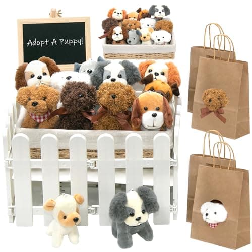 Tldcdte 37Pcs Adopt A Puppy Party Favors Set 12 Plush Puppy Toys with 12 Rattan BasketGift BagsFenceChalkboardDog Adoption Birthday Party SuppliesDog Themed Birthday Party Decorations