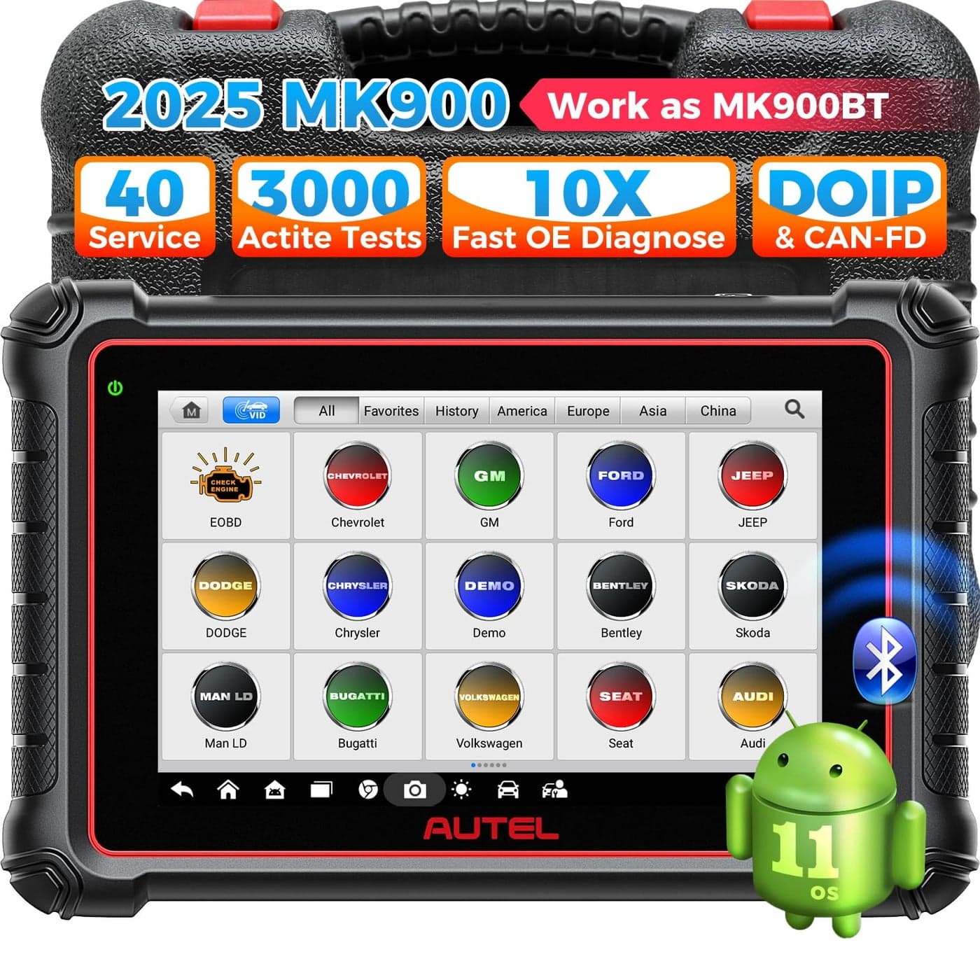 Autel MaxiCOM MK900 OBD2 Scanner 2025 Updated of MK808BT Pro MK808S MX808S MX900 CANFDDOIP 40 Service as as MK900BT 150 Car Brands Bidirectional Tests All System Diagnose FCA Autoauth SGW