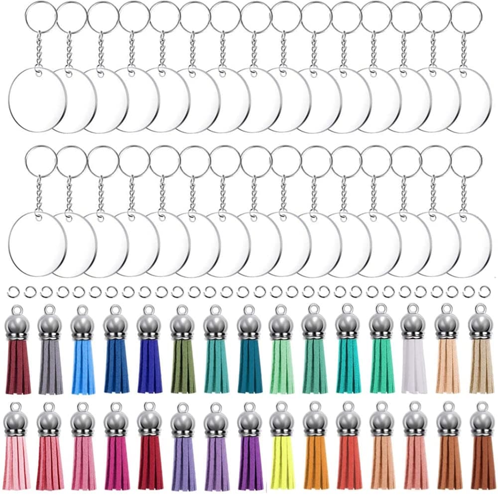 KINGFOREST 120PCS Acrylic Keychain Blanks Kit 30 Keychain Rings 30 Jump Rings 30 Clear Discs 30 Tassels DIY Craft Supplies for Jewelry Making Vinyl Stickers Personalized Gifts