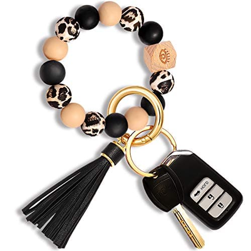 NVENF Silicone Key Ring Bracelet Bangles for Women Portable House Car Keys Ring Holder (Leopard+Black)