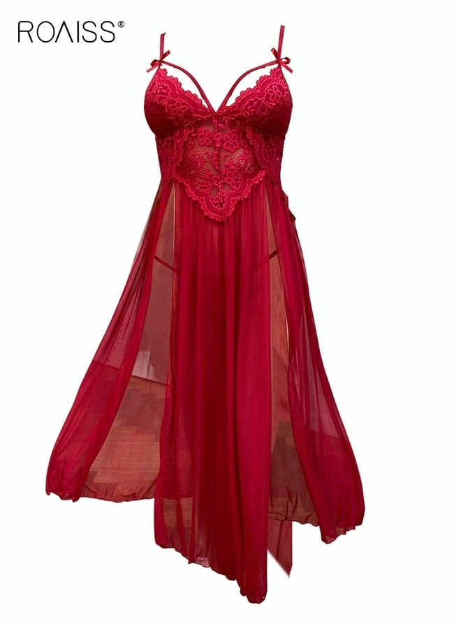 2 Pieces Lace Mesh Nightdresses Hollow Design With Adjustable Shoulder Straps Spliced Mesh Skirt On Both Sides