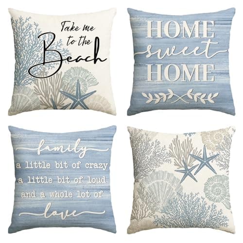 AVOIN colorlife Summer Take Me to The Beach Coral Starfish Throw Pillow Covers 18 x 18 Inch Home Sweet Home Motto Blue Cushion Case for Sofa Couch Set of 4