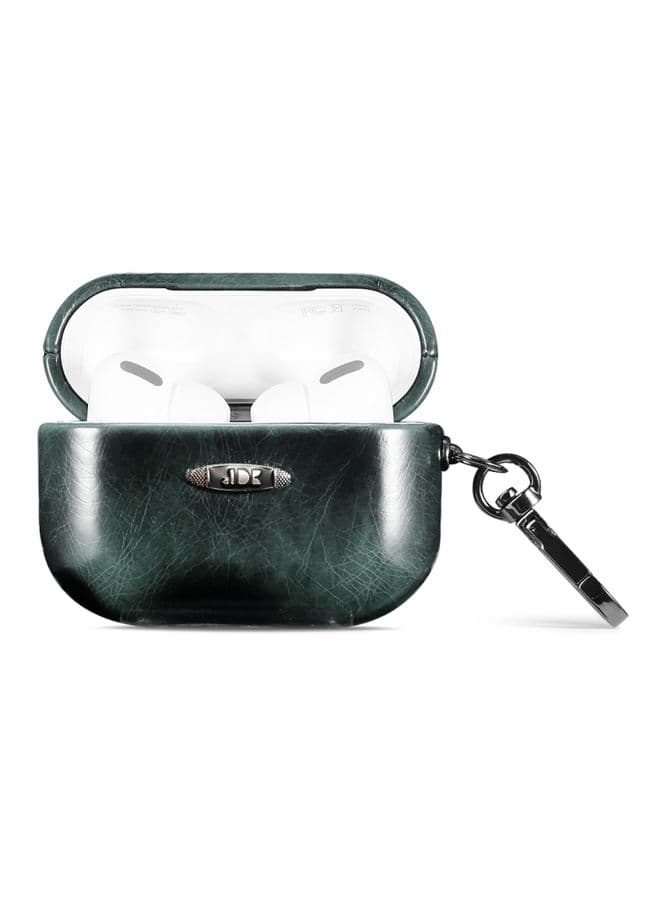 Case Cover Oil Wax Leather Texture Earphone Protective Case with Hang Buckle For AirPods Pro Dark Green