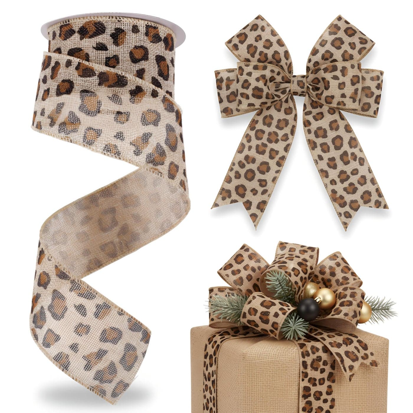 WILLBOND Cheetah Printed Ribbon 10 Yards x 25 Inch Leopard Burlap Ribbon Christmas Natural Burlap Fabric Craft Decorative Gift Wrapping for Christmas Xmas DIY Crafts Decor Supplies