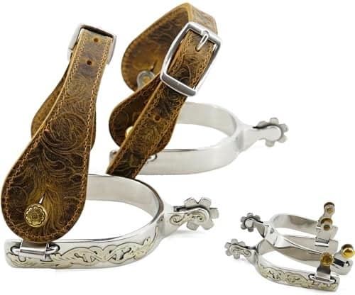 Jeereal Stainless Steel Western Cowboy Spurs with Spur Straps Engraved German Silver Trims 34 Iron 10 Shank