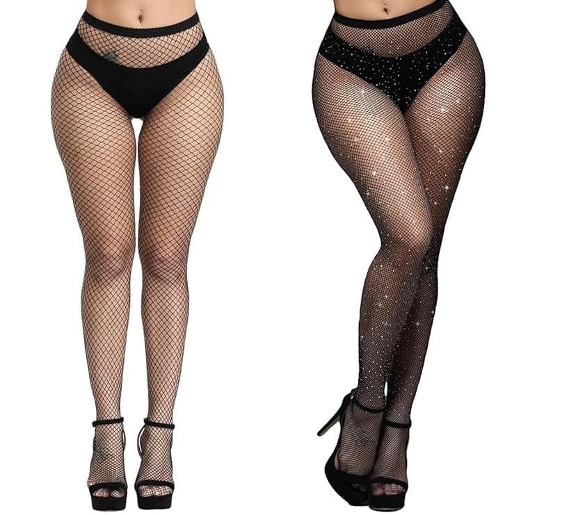 NEOBABY Sparkling Rhinestone Party Pantyhose Free Size High Waist Tights Fishnet Stockings for Women's & Girls (Medium Black & White, Pack of 2)