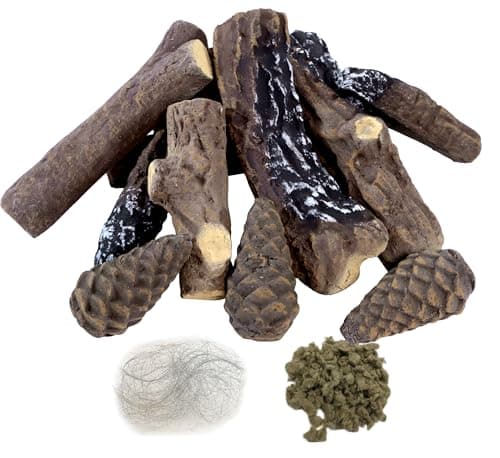 MrGas 10 Pcs Small Sized Fake Fireplace Log Set With Pine Cones, Ceramic Wood Fireplace Gas Inserts, Vented Faux Artificial Heat Resistant Logs for Electric or Indoor Outdoor Fire Pits