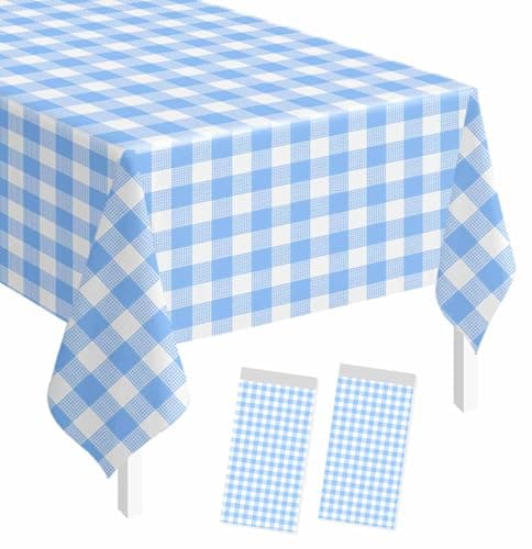 SietDESEO 2 Pack Light Blue Gingham Tablecloth Rectangle 54 x 108 Blue and White Checkered Table Cloth Disposable Plaid Table Cover Plastic for Birthday Baby Shower Picnic Wedding Party Supplies