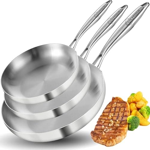 LOLYKITCH 81012 Inch TriPly Stainless Steel Frying Pan Set of 3Chefs PansSkilletsInduction CookwarePots and Pans SetDishwasher and Oven Safe