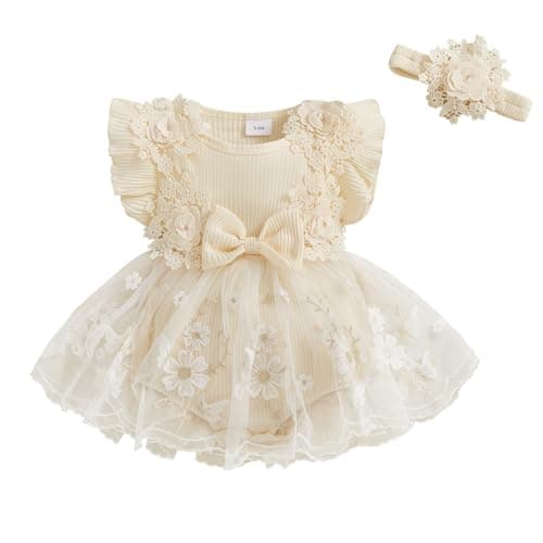 Newborn Baby Girl Summer Dress Ruffle Sleeveless Floral Embroidery Romper Dress Headband Beautiful Clothes Set (Beige, 0-3 Months)