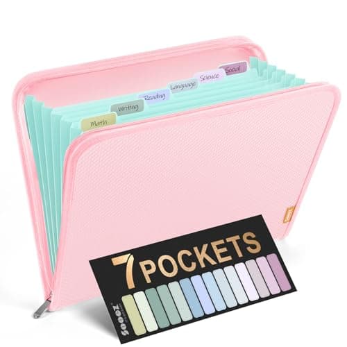 Sooez 7 Pockets Accordion File Organizer Zipper Expanding File Folder Heavy Duty Folder Organizer Sleek Letter Size Accordion Folder Portable Expandable File Folder for Documents Pink