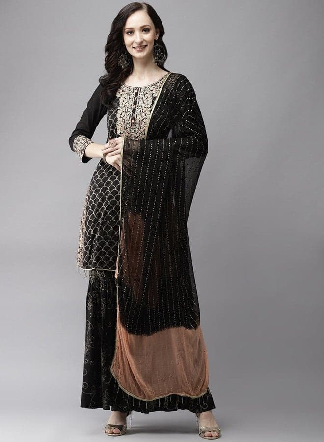Floral Embroidered Kurta With Sharara & Dupatta