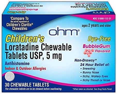 Ohm Childrens Loratadine Chewable Dye Free Bubblegum NonDrowsy 24h Relief of Sneezing Runny Nose Watery Eyes Itchy Throat or Nose Antihistamine Indoor Outdoor Allergies 5mg 30 Tablets