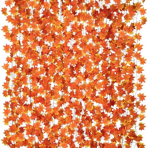 CQURE 14 Pack Fall Leaf Garland Hanging Vines Garland Artificial Fall Maple Leaves Thanksgiving Decor for Home Wedding Fireplace Party