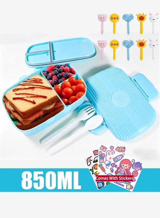 850ML Bento Lunch Box for Kids Adults - Leakproof 3-Compartment Food Container with Utensils & Cute Food Picks & Sticker BPA-Free Microwave Safe Lunch Box for School Picnic Travel (Blue)