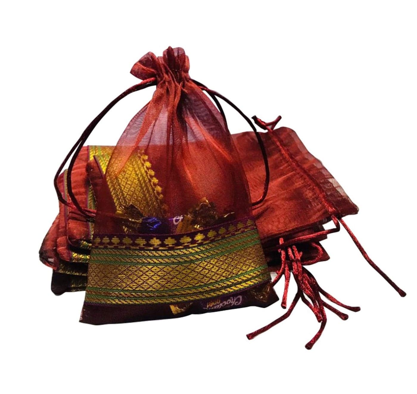 Moira Women's Small Potli Gift Bags Silk Brocade (18 cm X 12 cm) Pack of 10 (Dark Maroon)