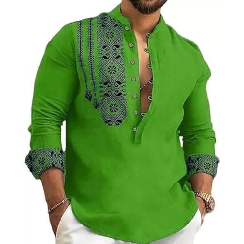 DEELMO Men's Cotton Blend Mandarin Collar Self One Design Full Sleeve Casual Short Kurta Green