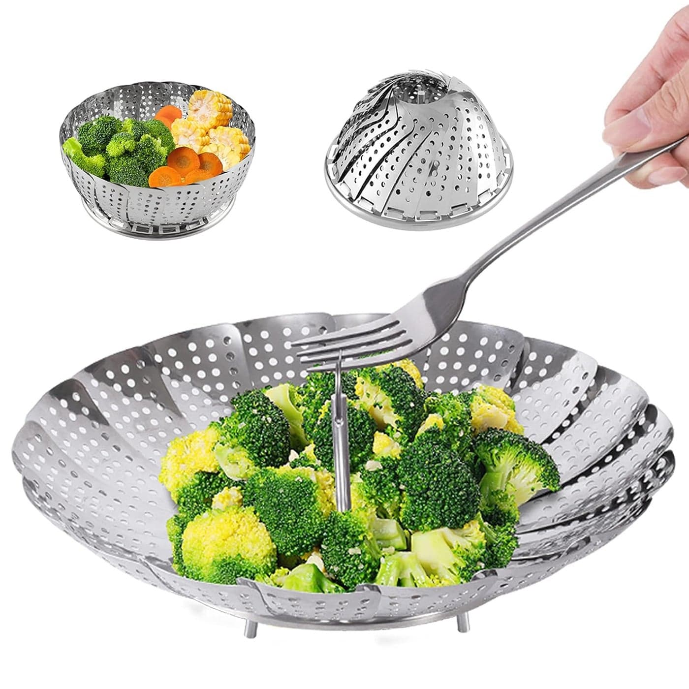 Pamidhar Stainless Steel Vegetable Fruit Steamer Food Drain Bowl Basket Foldable Vegetable Steamer for Cooking to Fit Various Size Pots Silver Pack of 1
