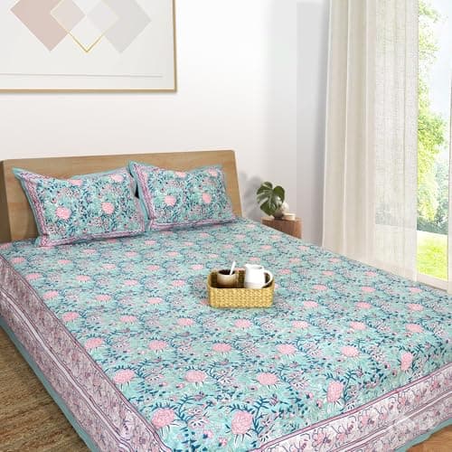 TOAI Hand Block Printed Bedsheet | Bed Spread Flatsheet Bed Sheet | Pure Cotton | Queen Size 90"x108" | 210 TC Long Staple Cotton | 2 Reversible Pillow Covers |Rose On Pastel Green