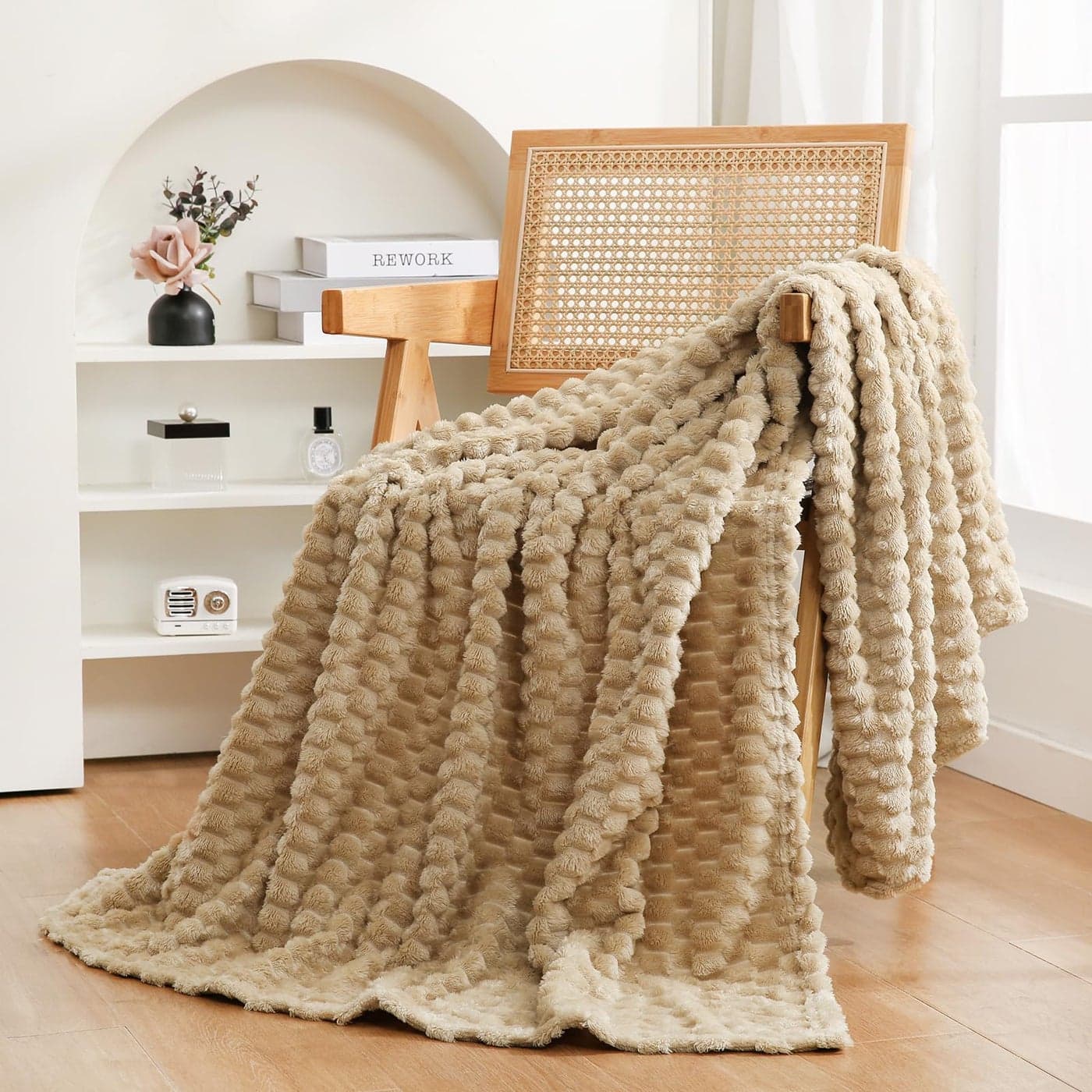 Beige Throw Blanket 5060 inches Fuzzy 3D Jacquard Decorative Flannel Fleece Super Soft Plush Cozy Blanket for Couch Sofa Chair LightweightKhaki