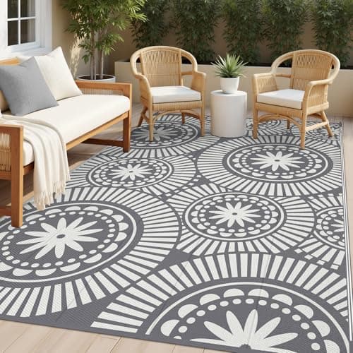 Ileading Reversible Plastic Outdoor Rug Modern Geometric Style Patio Straw Mat Waterproof Deck Carpets Non Shedding Portable Area Rugs for RV Beach Backyard Outside Pool Picnic Camping6x9Grey