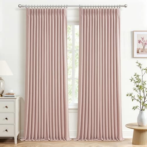 Blackout Baby Pink Memory Trained Pinch Pleated Bedroom Curtains 96 Inches Long 2 Panels Set, Cute Double Layer Linen Soundproof Thermal Elegent Windows Curtain & Drapes for Living Room 8 FT Length