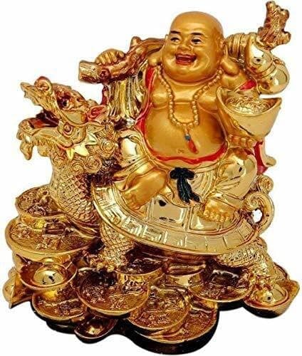 Shoppersduniya Fengshui Laughing Buddha Sitting on Back of Dragon Headed Tortoise with Ingot in Hand for Good Luck and Success Home Showpiece Decor Decoration