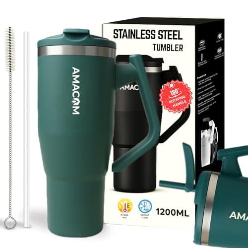 Amacom Hydration Booster Insulated Stainless Steel 1.2 L Tumbler with Lid & Straw | 100% Leak‑Proof Hot & Cold Travel Mug for Office, Gym | Double Wall Vacuum Sipper with Rotating Handle (Emerald)