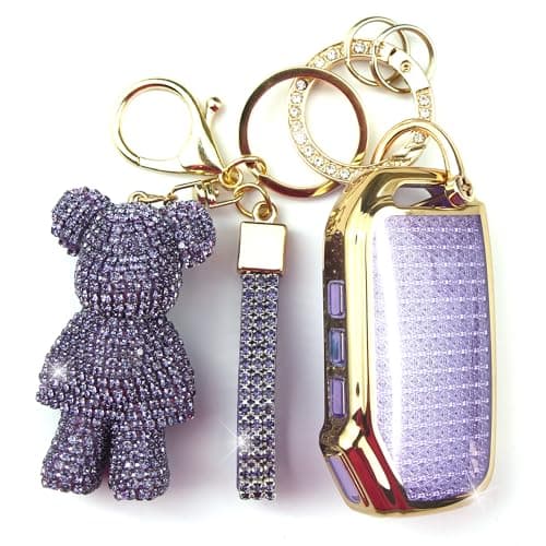Rayslesan Cute Key Fob Cover with Rhinestone Bear Charm, TPU Smart Key Case for Women, Compatible with Kia Cadenza Forte K5 Niro Rio Seltos Sorento Soul Sportage Telluride (5-Button, Gold Purple)