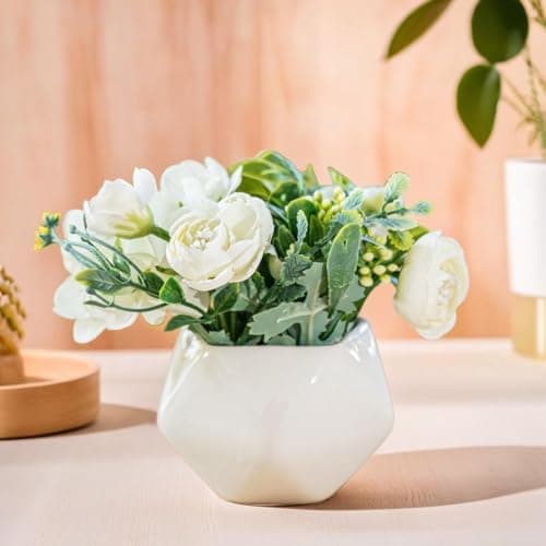 Ekhasa Nostrae White Rose Ceramic Flower Vase with Artificial Flowers Plant | Small Daisy Flower Pots with Artificial Flowers for Home Decor Table Showpiece Living Room Office Wedding & Gift