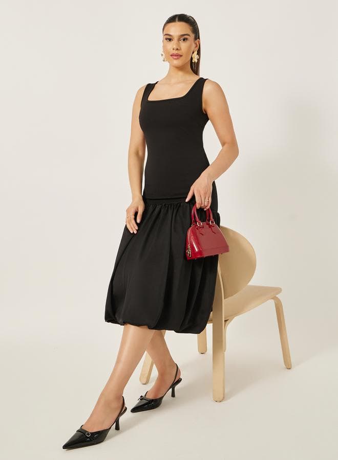 Solid Sleeveless Drop Waist A-Line Midi Dress — L