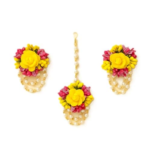 Vrindavanstore.in Haldi-Mehndi Floral Jewellery Set for Bride | Yellow-Pink Foam Flowers with Pearls | Lightweight | Reusable | Perfect for Haldi, Mehndi & Wedding Functions