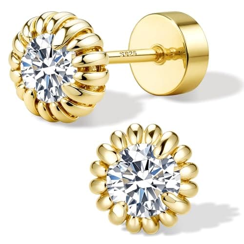 GEMQUEEN Moissanite Daisy Stud Earrings, 14K Gold Plated, Sterling Silver, D Color, VVS1 Clarity, 4MM, Unisex, Screw Back, Perfect for Wedding, Anniversary, Graduation, Birthday, Party
