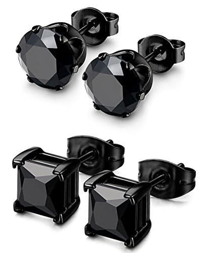 BESTEEL 2 Pairs Hypoallergenic Cubic Zirconia Black Stud Earrings for Men Women 316L Stainless Steel Square Round CZ Mens Earrings Studs Jewelry Set for Sensitive Ears 3-8MM Black 5mm