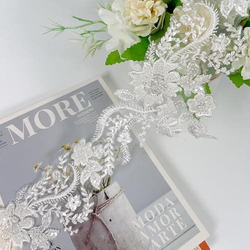 2yard Embroidered Lace Trim with Sequins and BeadsFloral Lace Appliqu Ribbon for Wedding Dresses Gowns Headpieces DIY Sewing Crafts Pattern F