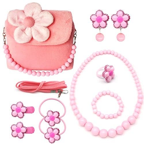 Elesa Miracle Little Girl Handbag Beauty Set Kids Plush Handbag FlowerShaped Clipon Earrings Rings Hair Clips and Hair Ties Necklace and Bracelet Set Pink